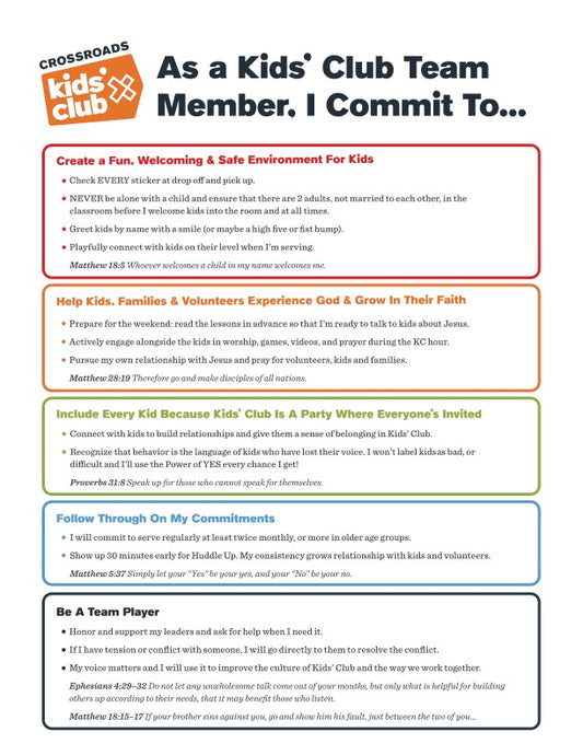 Kids' Club Team Member "I Commit" Forms