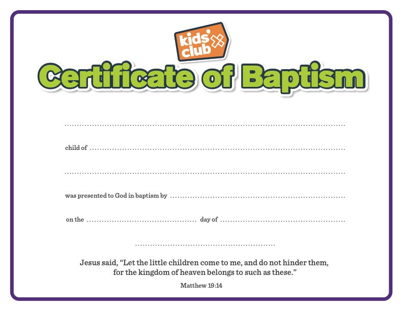 Kids' Club Baptism Certificates