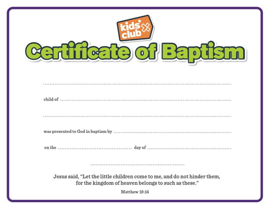 Kids' Club Baptism Certificates